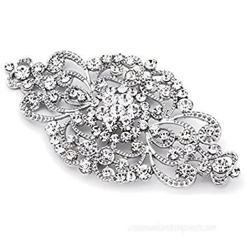 Mariell Vintage Bridal Crystal Brooch Pin - 4" Wide Antique Silver Rhinestone Wedding & Fashion Glam