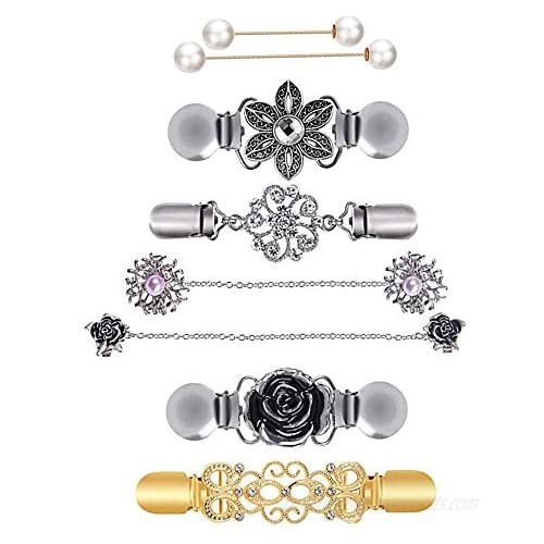 MJartoria 8PCS Fit Dress Cinch Clips Set  Scarf Clip  Retro Cardigan Collar Clips  Shirt clip  Dresss Clips Back Cinch  Shawl Clip Sweater Clips  Coat Chain Clips for Women Antique Flowers with Faux Pearl