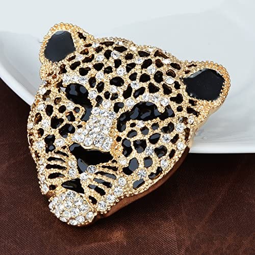 OBONNIE Vintage Black Enamel Spotted Leopard Head Rhinestone Crystal Animal Brooch Pin Lapel Pin Badge