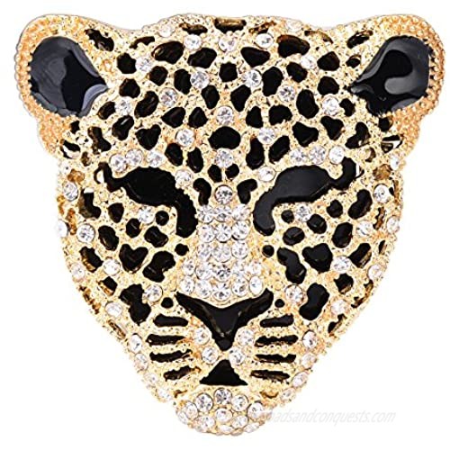 OBONNIE Vintage Black Enamel Spotted Leopard Head Rhinestone Crystal Animal Brooch Pin Lapel Pin Badge
