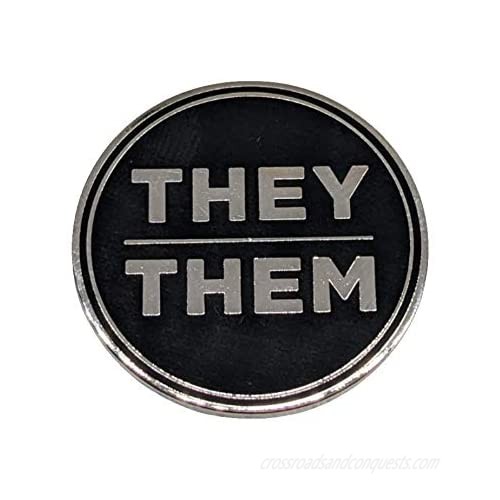 They Them Pronoun Pin Silver and Black Circular Hard Enamel Nonbinary Pronoun Button Badge