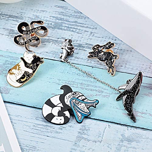 WILLBOND 5 Pieces Enamel Lapel Pin Set Skeleton Rabbit Brooch Cat Snake Pattern Pins Astronaut Whale Badge with Chains