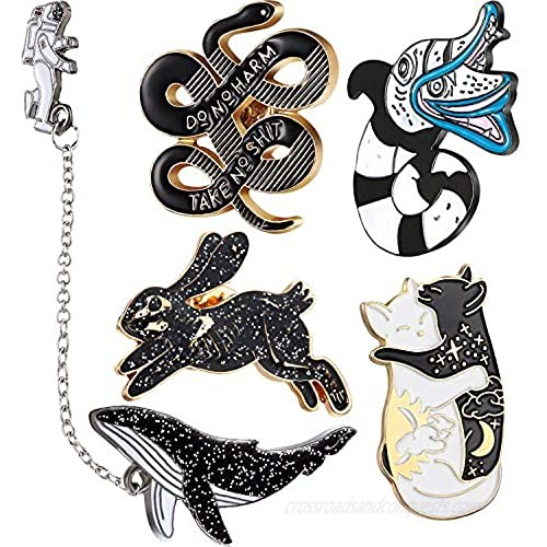 WILLBOND 5 Pieces Enamel Lapel Pin Set Skeleton Rabbit Brooch Cat Snake Pattern Pins Astronaut Whale Badge with Chains